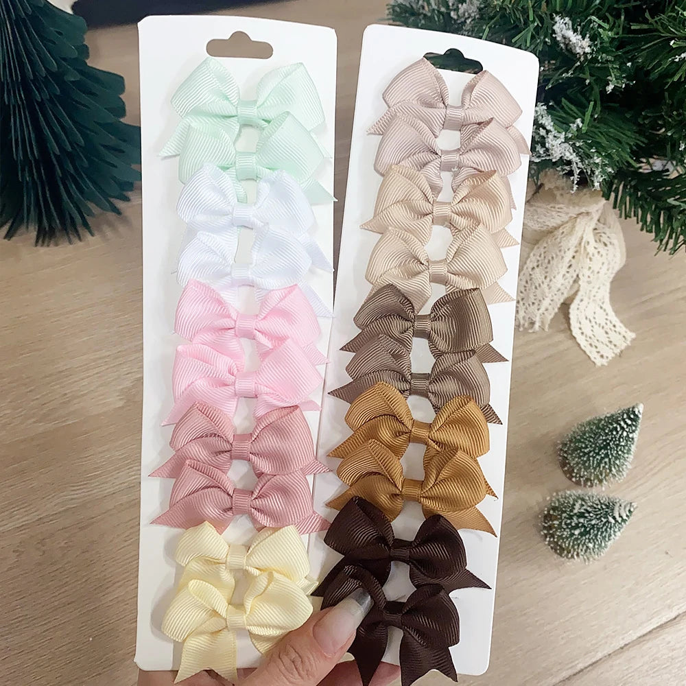 10Pcs/Set Solid Color Kids Bows Hair Clips for Baby Girls Handmade Ribbon Bowknot